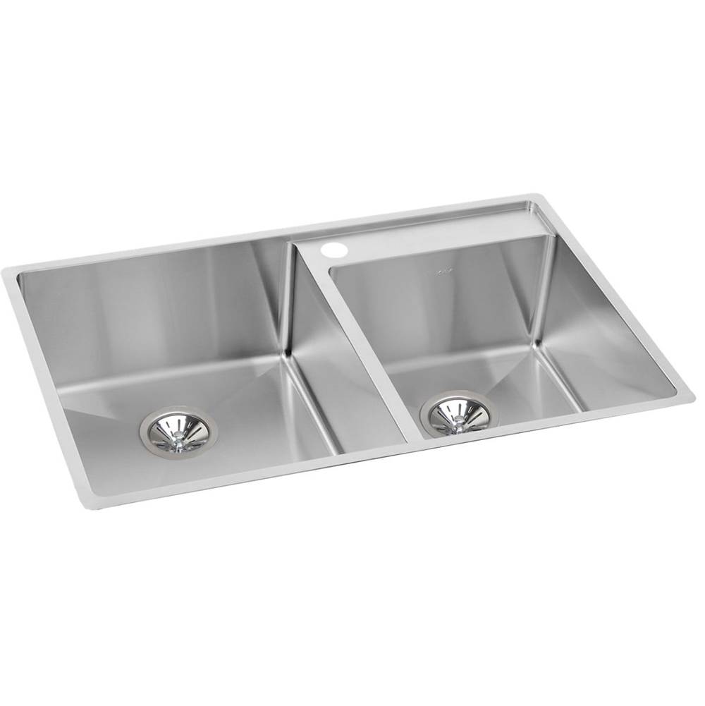 Elkay Crosstown 18 Gauge Stainless Steel 32-1/2'' x 20-1/2'' x 9'', 60/40 3-Hole Double Bowl Undermount Sink Kit with Right Water Deck