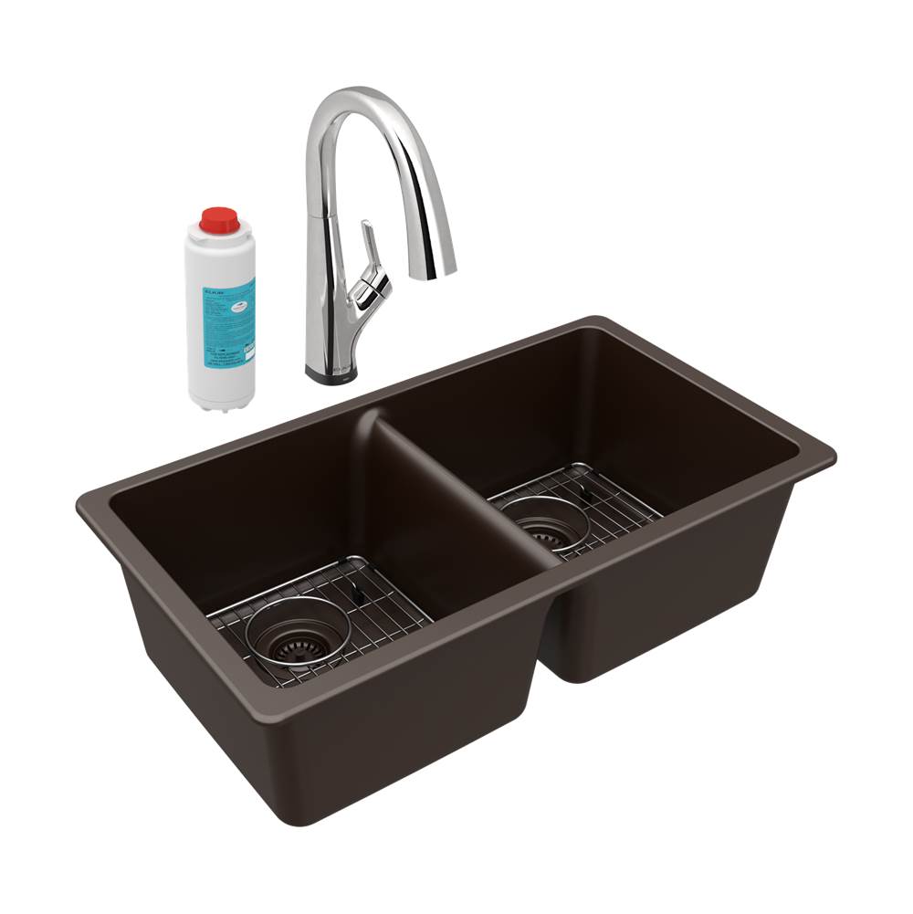 Elkay Quartz Classic 33'' x 18-1/2'' x 9-1/2'', Equal Double Bowl Undermount Sink Kit with Filtered Faucet, Mocha