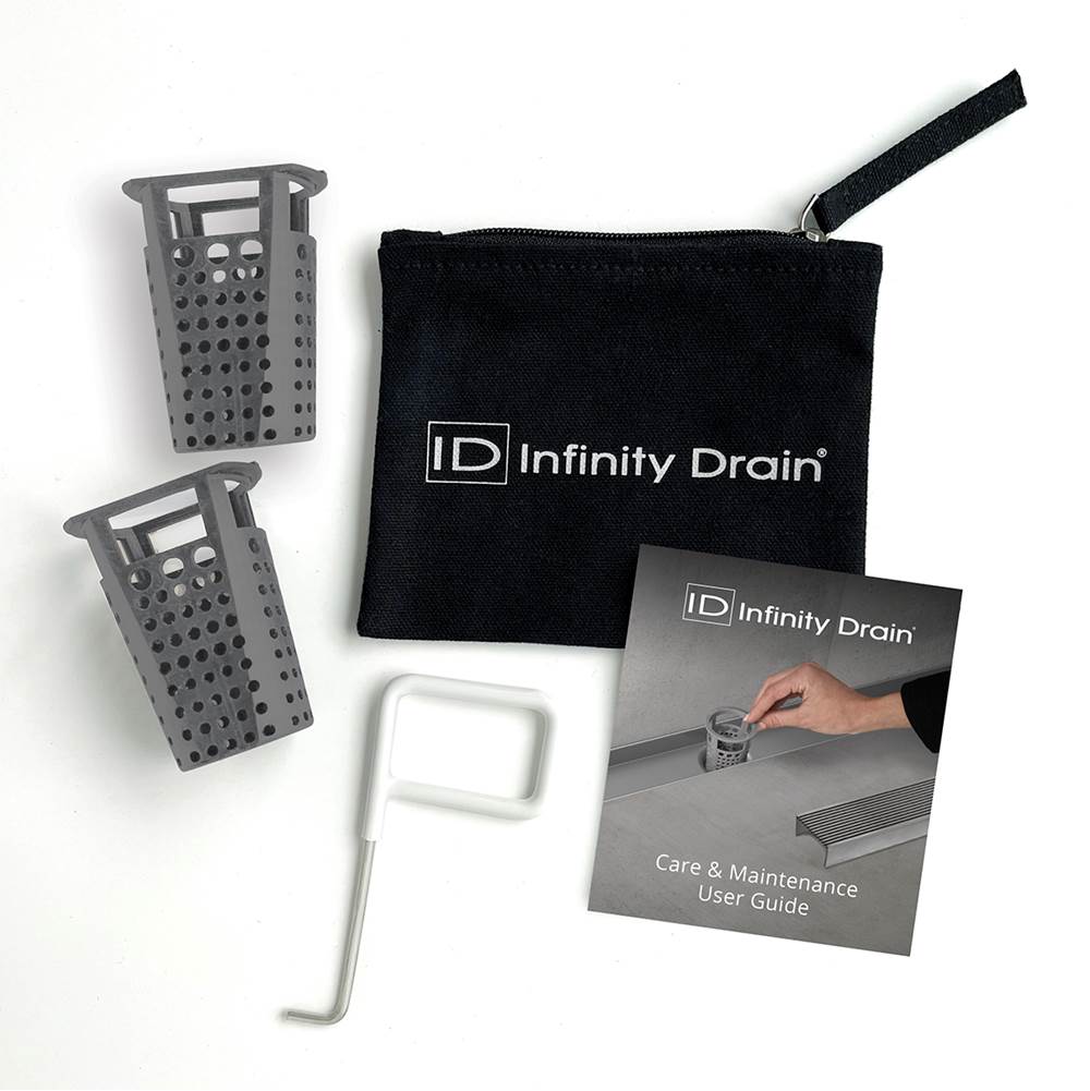 Infinity Drain Hair Maintenance Kit. Includes maintenance guide, DKEY Lift-out key, and (2) HB 32 Hair Baskets.