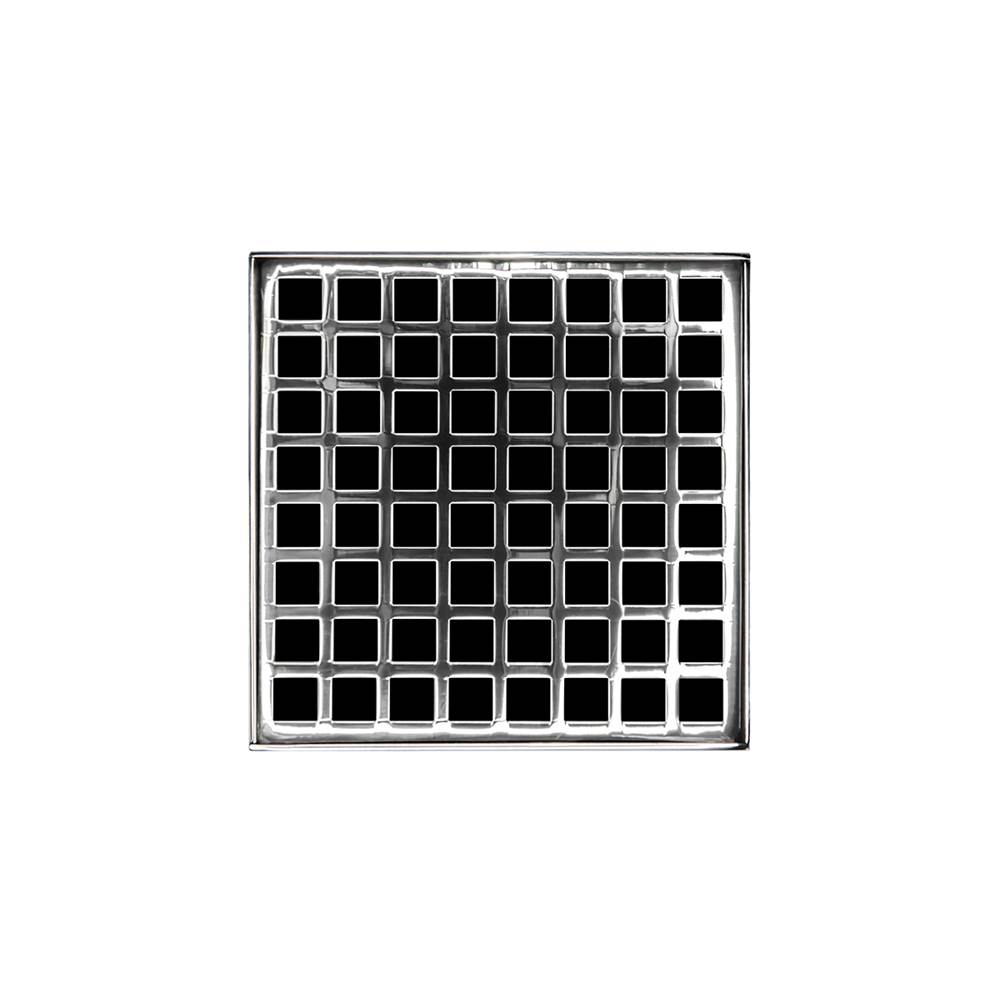 Infinity Drain 5'' x 5'' QD 5 Complete Kit with Squares Pattern Decorative Plate in Polished Stainless with Cast Iron Drain Body, 2'' Outlet