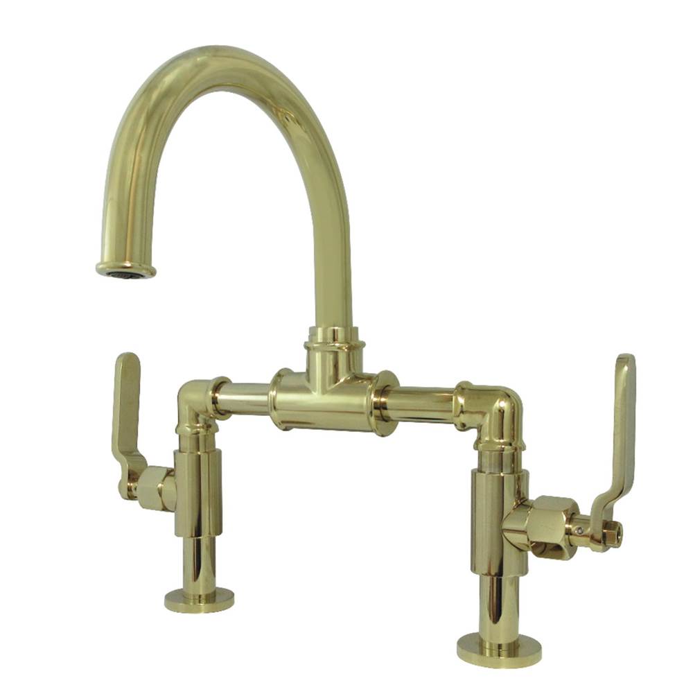 Kingston Brass Whitaker Industrial Style Bridge Bathroom Faucet with Pop-Up Drain, Polished Brass