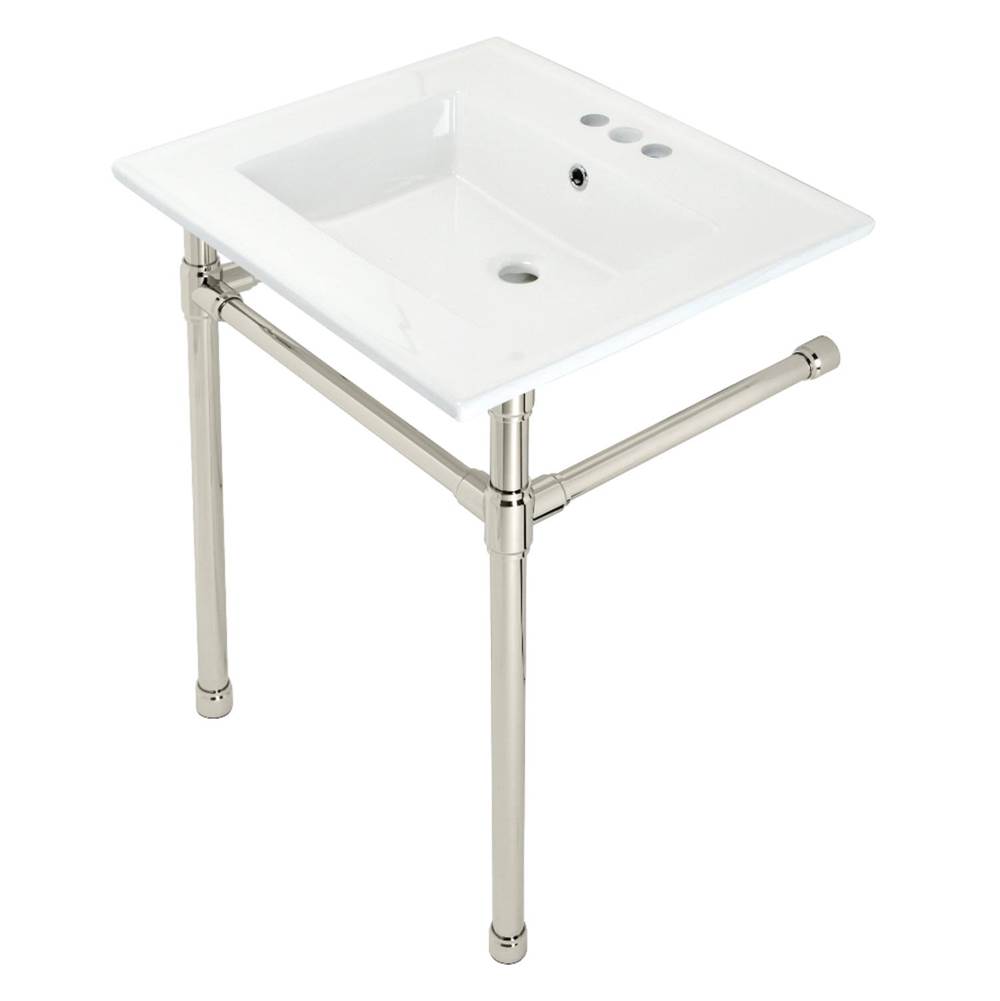 Kingston Brass Dreyfuss 25'' Console Sink with Stainless Steel Legs (4-Inch, 3 Hole), White/Polished Nickel