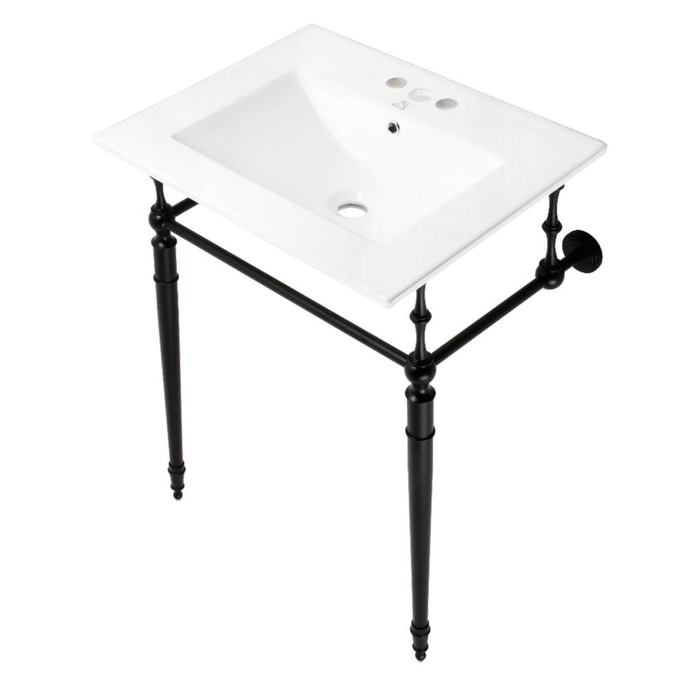 Kingston Brass Fauceture KVPB24187W4MB Edwardian 24'' Console Sink with Brass Legs (4-Inch, 3 Hole), White/Matte Black