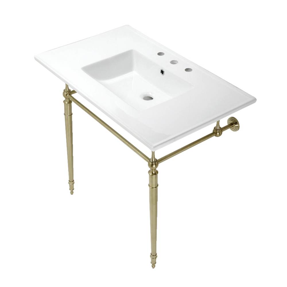 Kingston Brass Edwardian 37-Inch Console Sink with Brass Legs (8-Inch, 3 Hole), White/Brushed Brass
