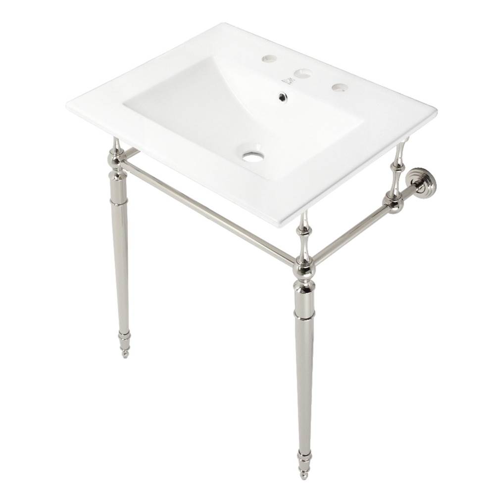 Kingston Brass Fauceture KVPB24187W8PN Edwardian 24'' Console Sink with Brass Legs (8-Inch, 3 Hole), White/Polished Nickel