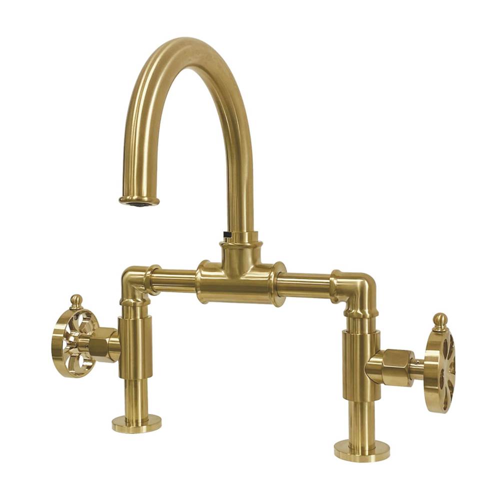 Kingston Brass Belknap Industrial Style Wheel Handle Bridge Bathroom Faucet with Pop-Up Drain, Brushed Brass