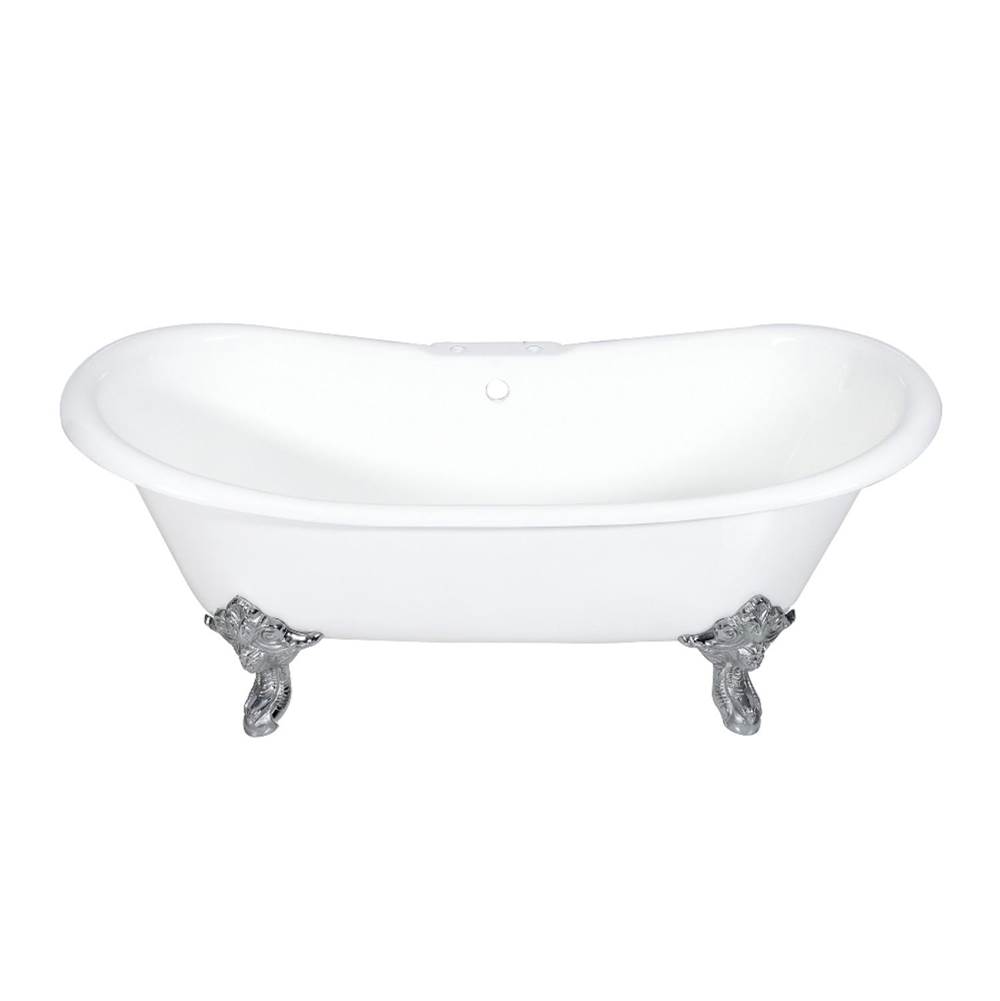 Kingston Brass Aqua Eden 72-Inch Cast Iron Double Slipper Clawfoot Tub with 7-Inch Faucet Drillings, White/Polished Chrome
