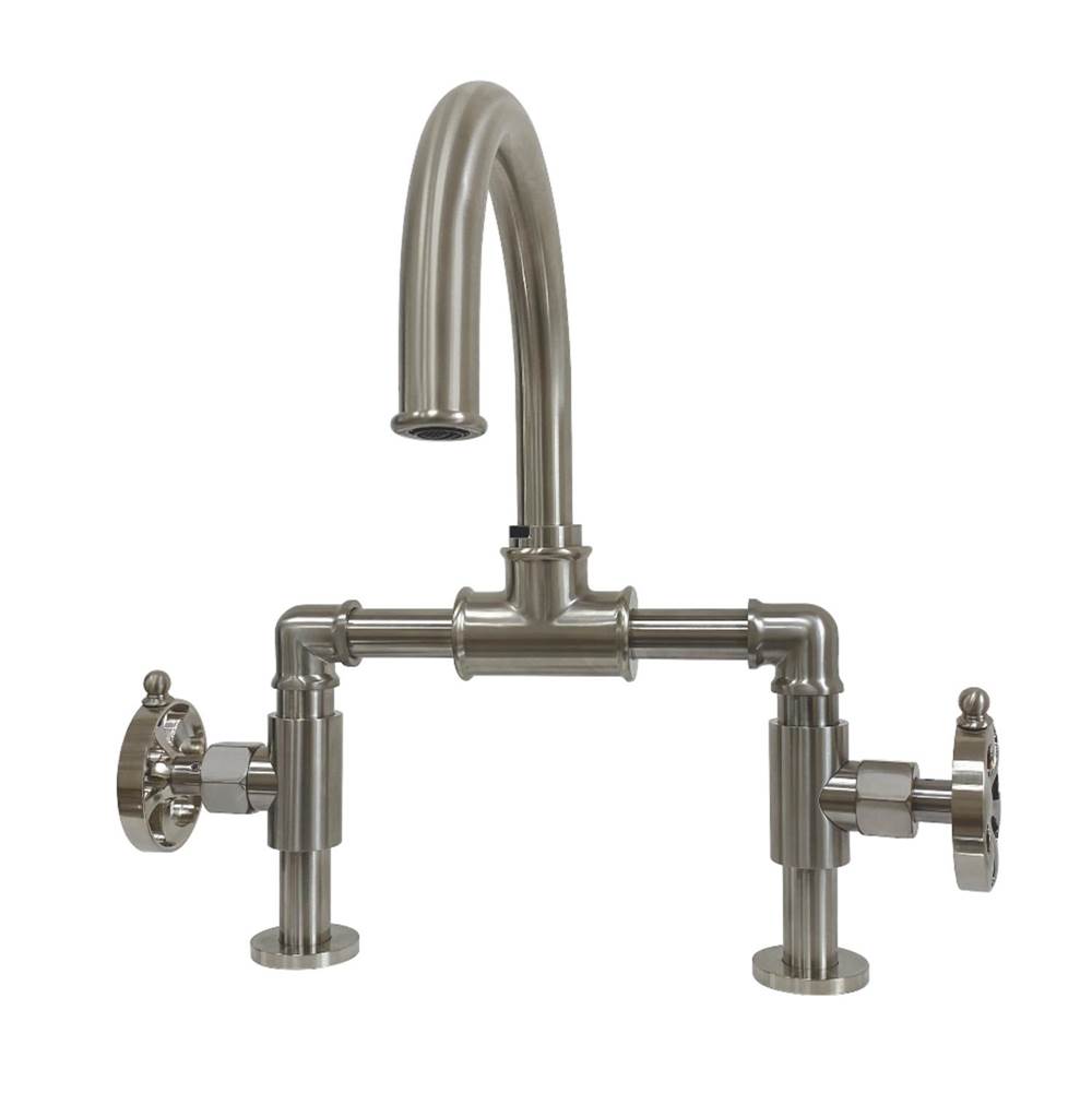 Kingston Brass Belknap Industrial Style Wheel Handle Bridge Bathroom Faucet with Pop-Up Drain, Brushed Nickel