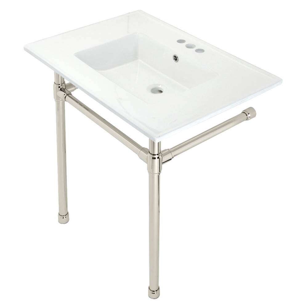 Kingston Brass Dreyfuss 31'' Console Sink with Stainless Steel Legs (4-Inch, 3 Hole), White/Polished Nickel