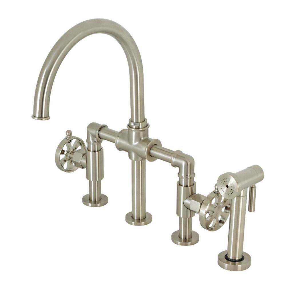 Kingston Brass Belknap Industrial Style Bridge Kitchen Faucet with Brass Sprayer, Brushed Nickel