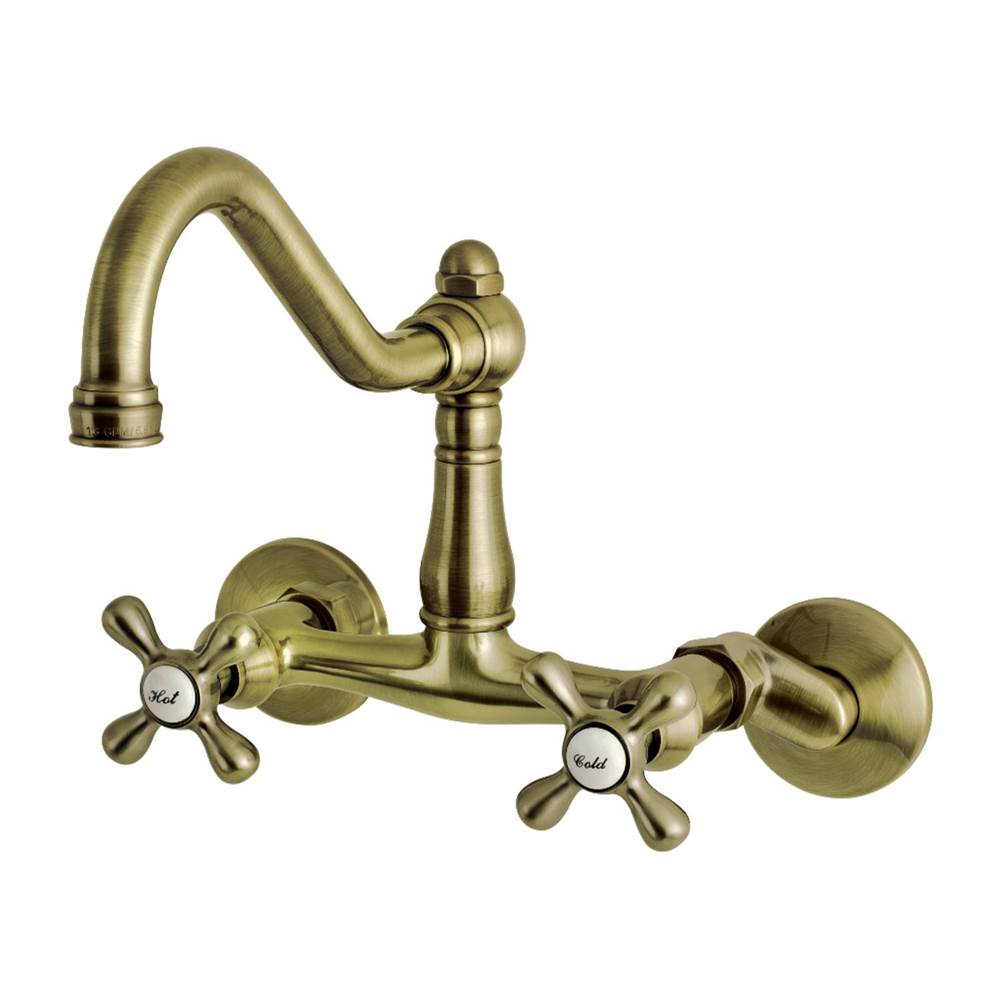 Kingston Brass Vintage 6'' Adjustable Center Wall Mount Kitchen Faucet, Antique Brass