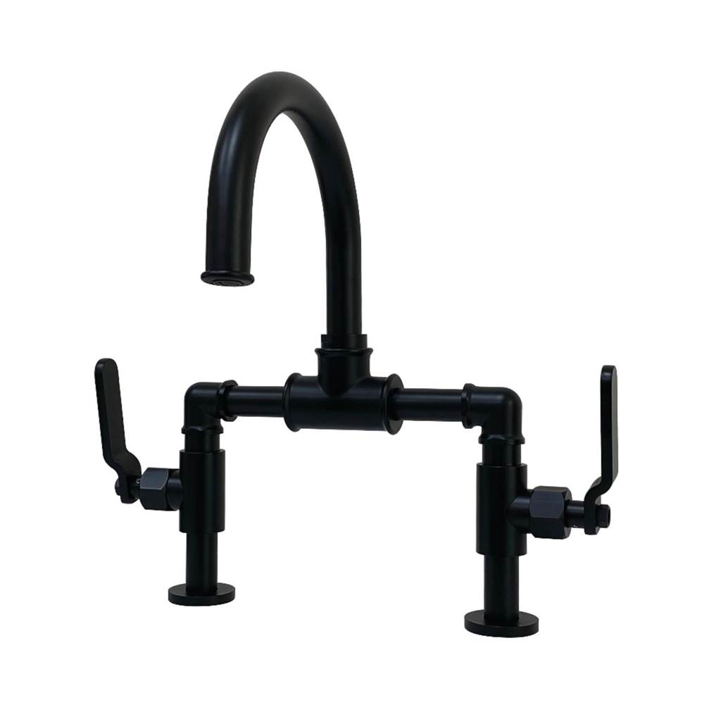 Kingston Brass Whitaker Industrial Style Bridge Bathroom Faucet with Pop-Up Drain, Matte Black