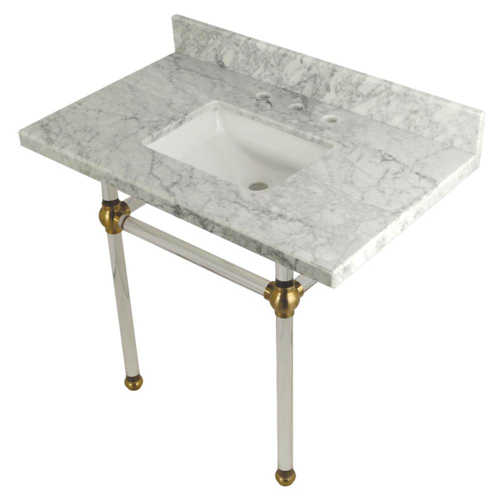 Kingston Brass Templeton 36'' x 22'' Carrara Marble Vanity Top with Clear Acrylic Console Legs, Carrara Marble/Brushed Brass