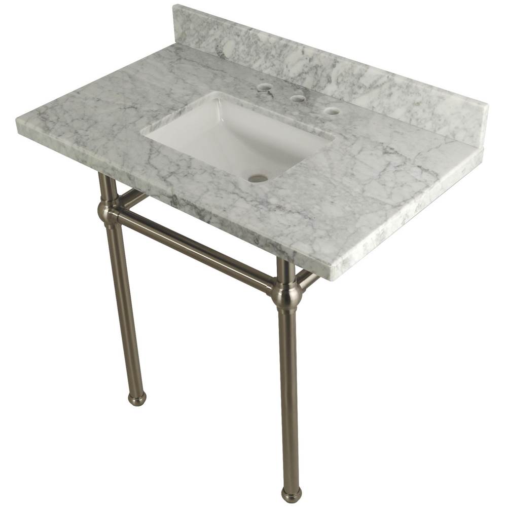 Kingston Brass Templeton 36'' x 22'' Carrara Marble Vanity Top with Brass Console Legs, Carrara Marble/Brushed Nickel