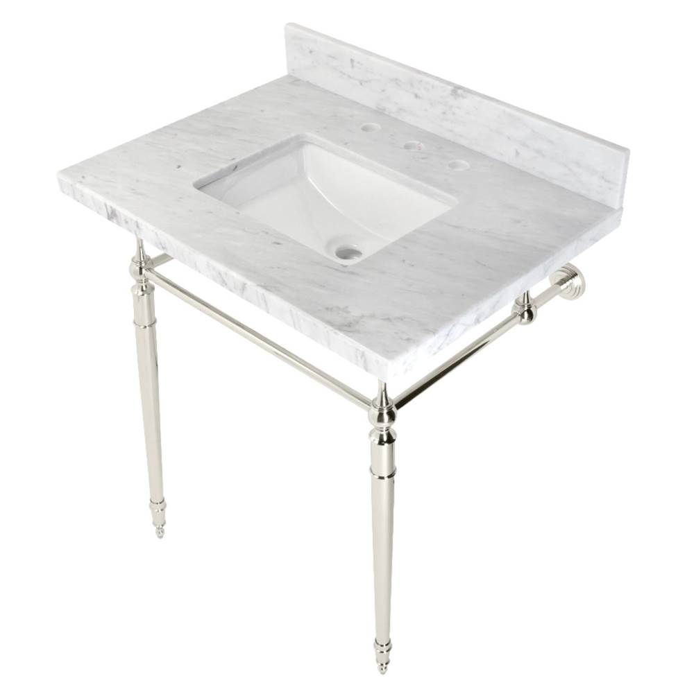 Kingston Brass Edwardian 30'' Console Sink with Brass Legs (8-Inch, 3 Hole), Marble White/Polished Nickel