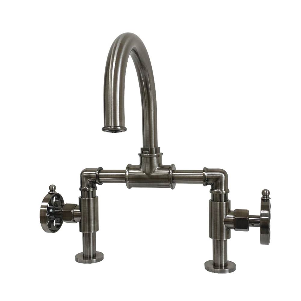 Kingston Brass Belknap Industrial Style Wheel Handle Bridge Bathroom Faucet with Pop-Up Drain, Black Stainless