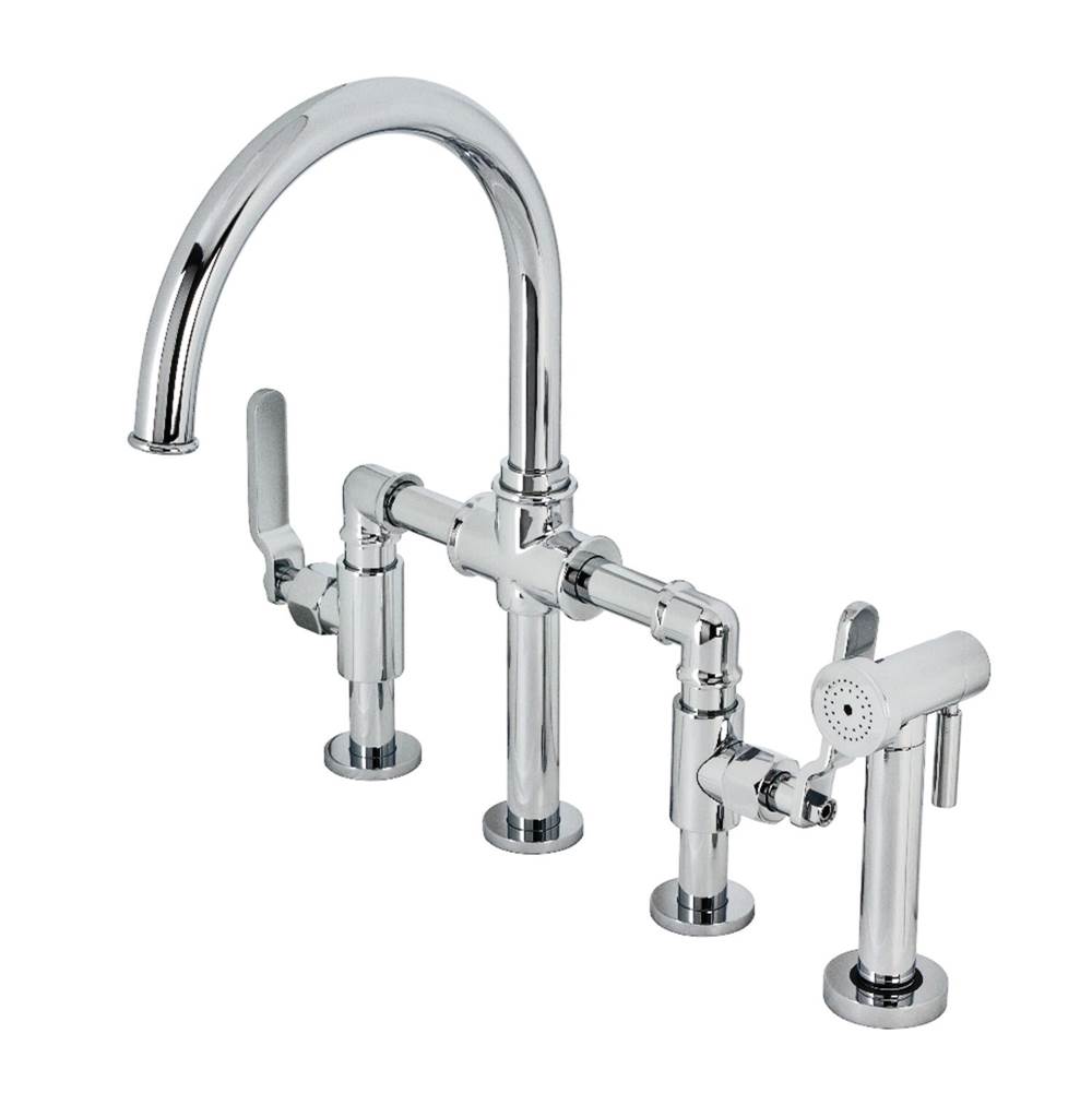 Kingston Brass Whitaker Industrial Style Bridge Kitchen Faucet with Brass Sprayer, Polished Chrome