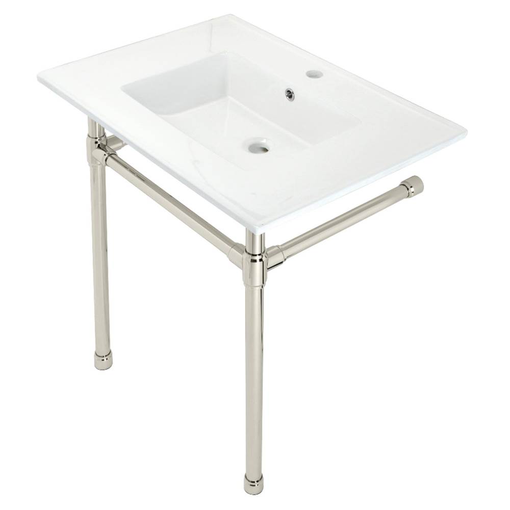 Kingston Brass Dreyfuss 31'' Console Sink with Stainless Steel Legs (Single Faucet Hole), White/Polished Nickel