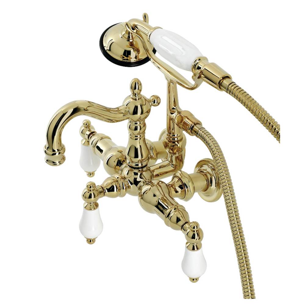 Kingston Brass Heritage 3-3/8'' Tub Wall Mount Clawfoot Tub Faucet with Hand Shower, Polished Brass