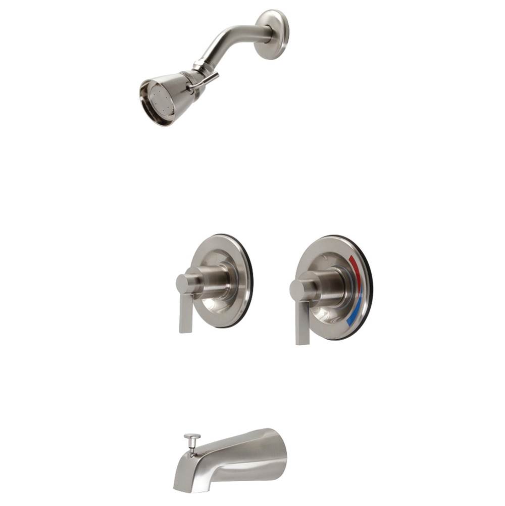 Kingston Brass NuvoFusion Two-Handle Tub and Shower Faucet with Volume Control, Brushed Nickel