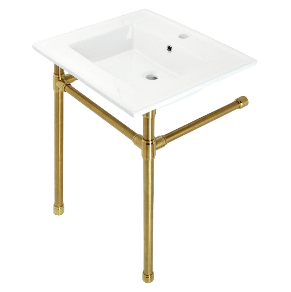 Kingston Brass Dreyfuss 25'' Console Sink with Stainless Steel Legs (Single Faucet Hole), White/Brushed Brass