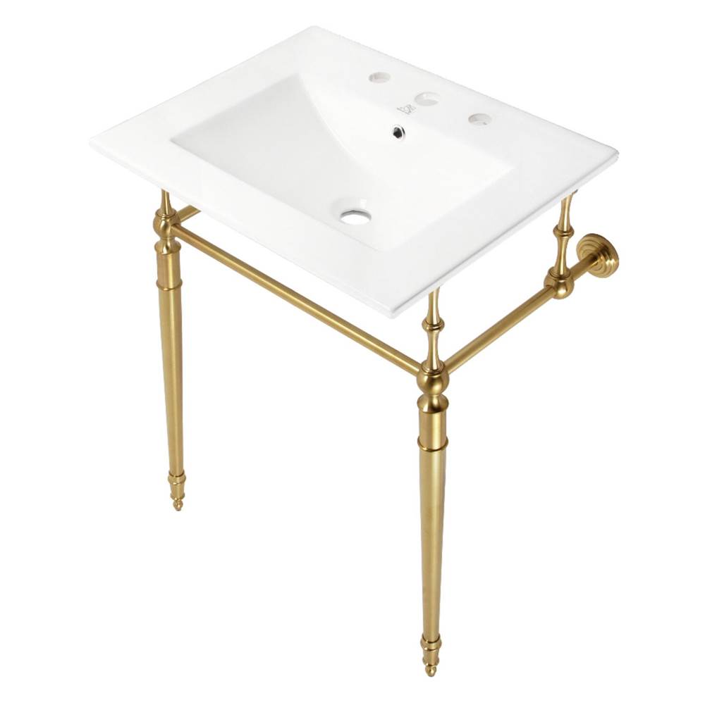 Kingston Brass Fauceture KVPB24187W8BB Edwardian 24'' Console Sink with Brass Legs (8-Inch, 3 Hole), White/Brushed Brass
