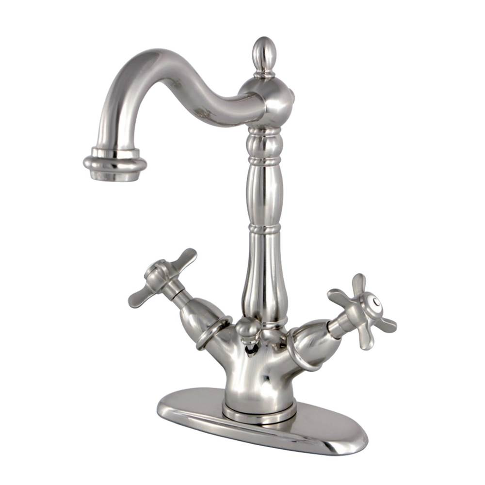 Kingston Brass Essex Two-Handle Bathroom Faucet with Brass Pop-Up and Deck Plate, Brushed Nickel