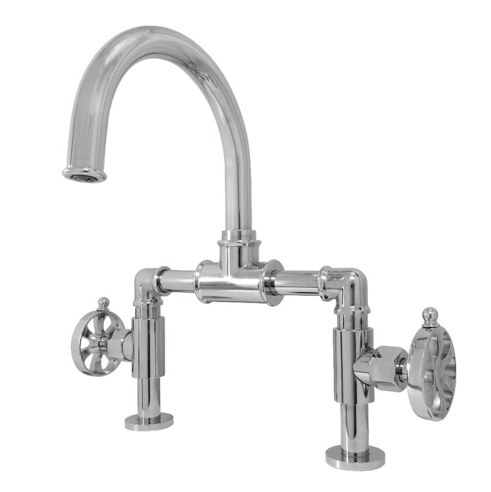 Kingston Brass Belknap Industrial Style Wheel Handle Bridge Bathroom Faucet with Pop-Up Drain, Polished Chrome