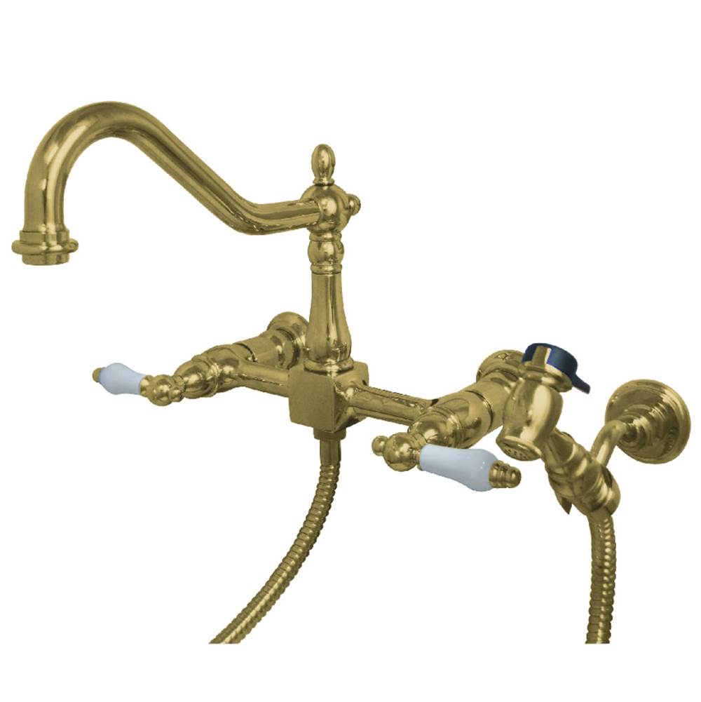 Kingston Brass Heritage Wall Mount Bridge Kitchen Faucet with Brass Spray, Polished Brass