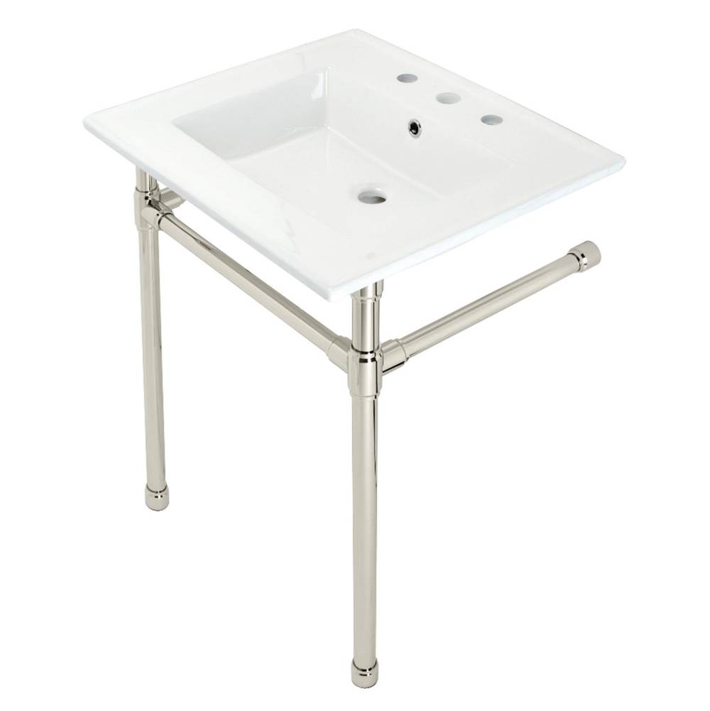 Kingston Brass Dreyfuss 25'' Console Sink with Stainless Steel Legs (8-Inch, 3 Hole), White/Polished Nickel