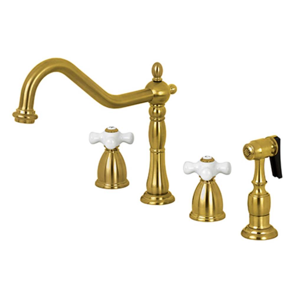 Kingston Brass 8-Inch Widespread Kitchen Faucet with Brass Sprayer, Brushed Brass