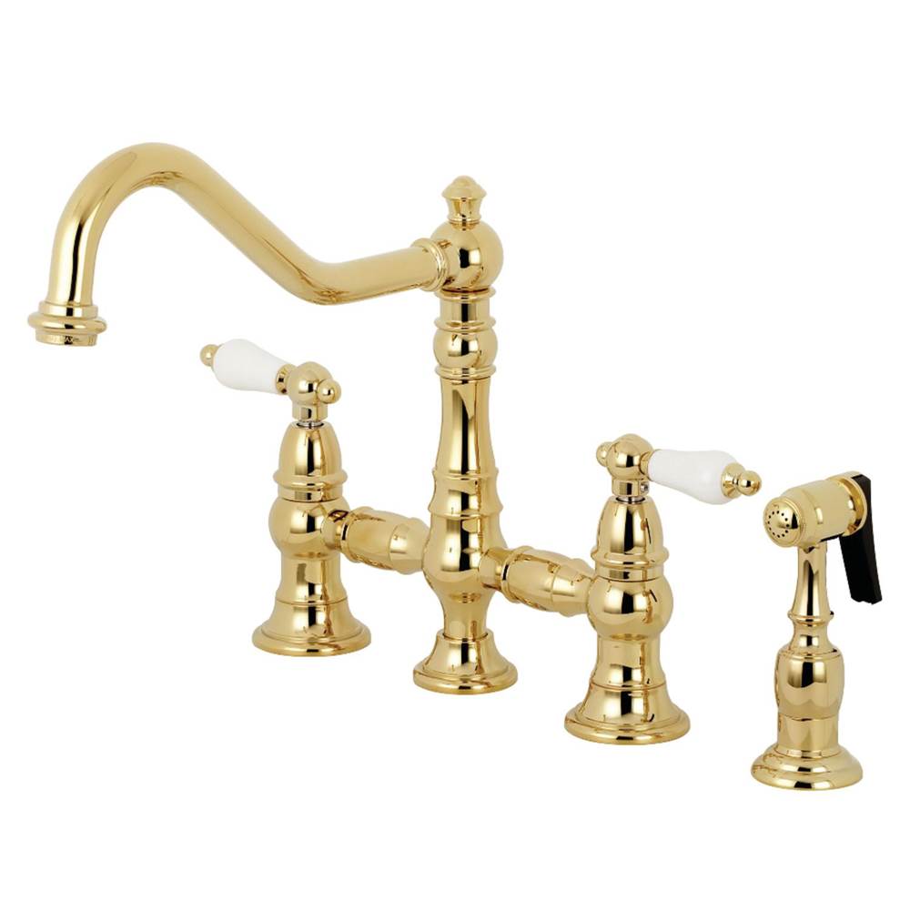Kingston Brass Restoration 8'' Bridge Kitchen Faucet with Sprayer, Polished Brass