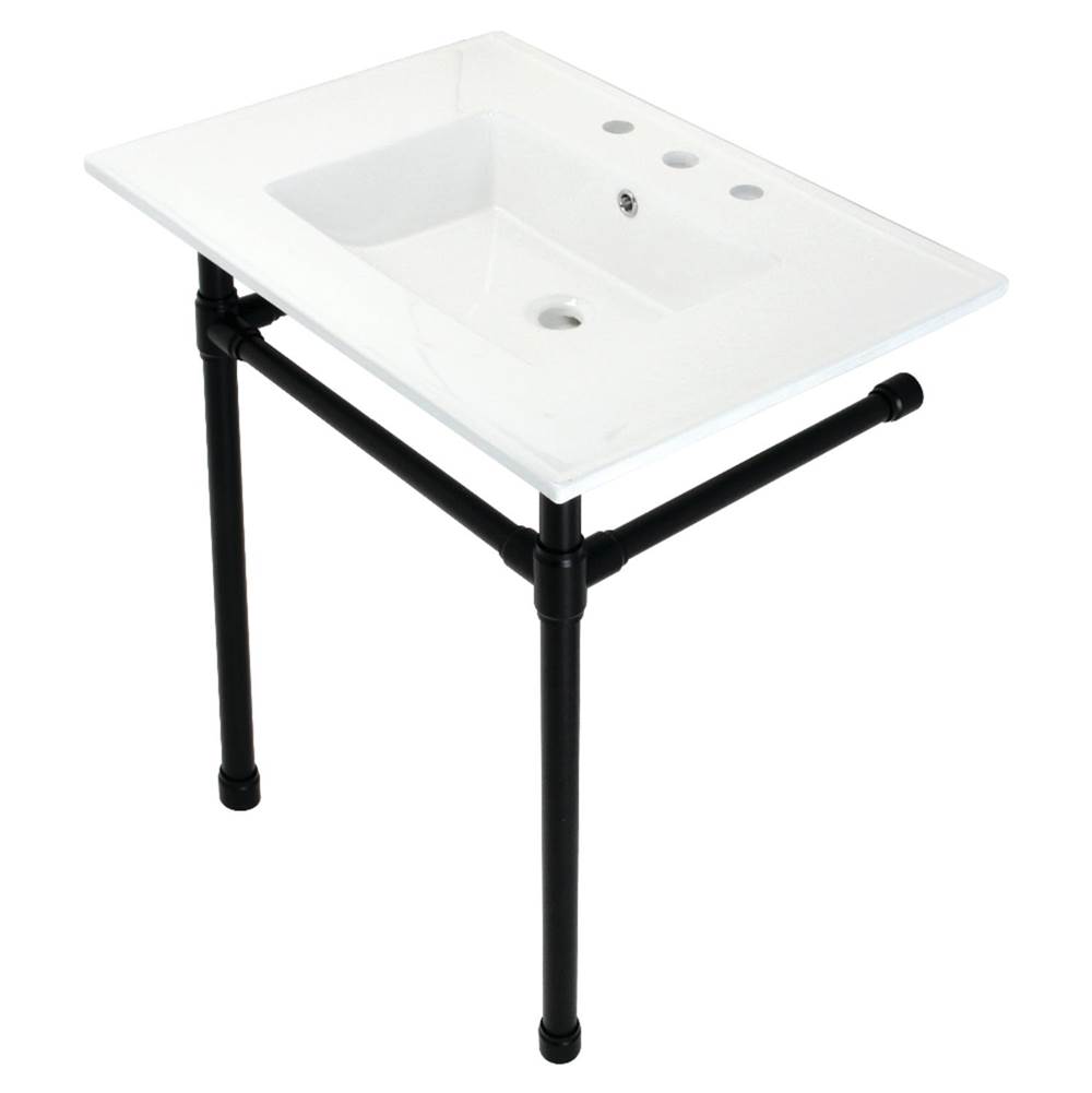 Kingston Brass Dreyfuss 31'' Console Sink with Stainless Steel Legs (8-Inch, 3 Hole), White/Matte Black
