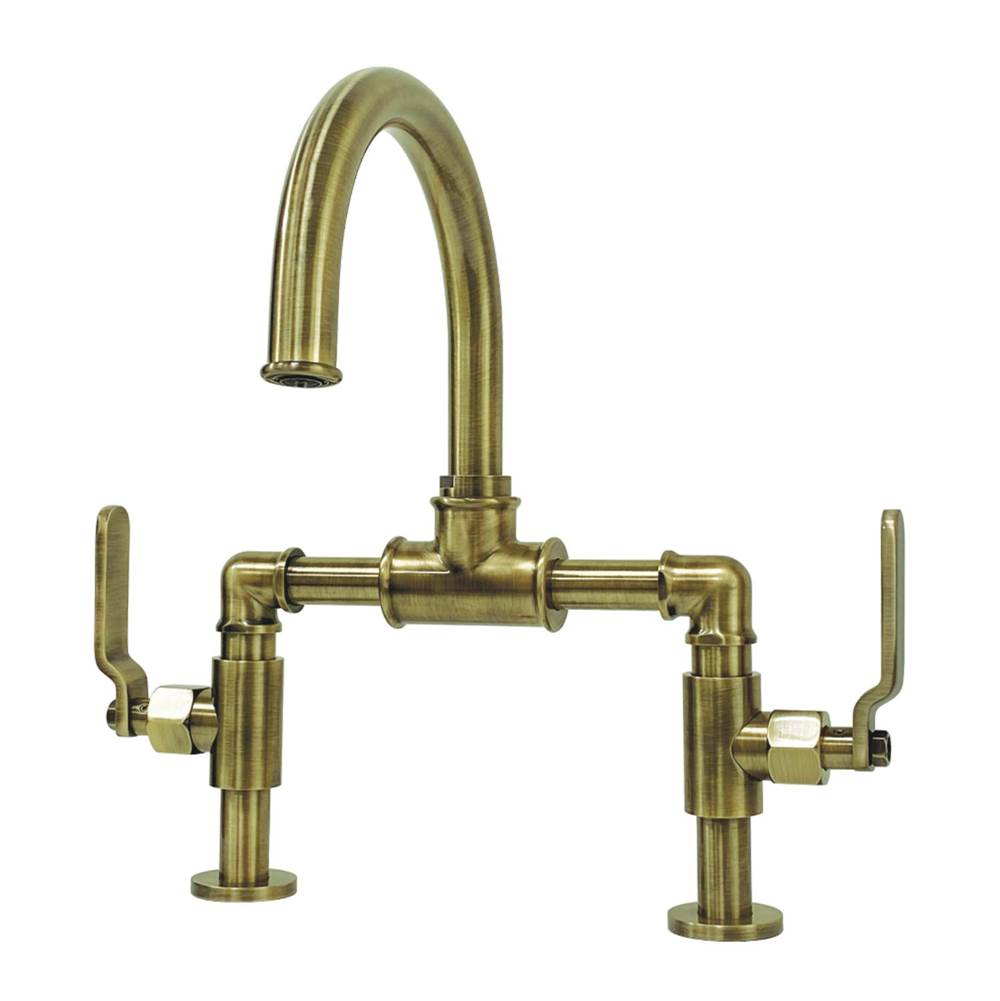 Kingston Brass Whitaker Industrial Style Bridge Bathroom Faucet with Pop-Up Drain, Antique Brass