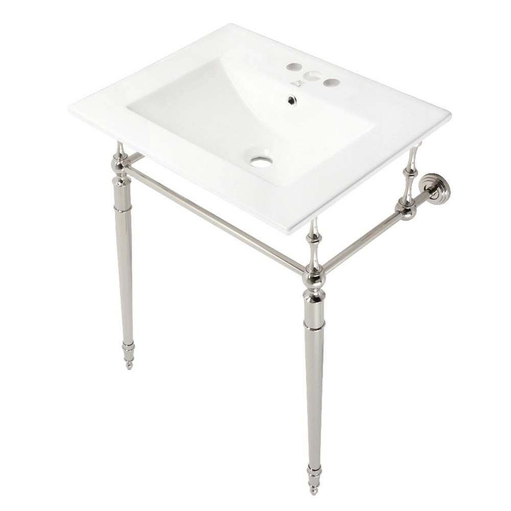 Kingston Brass Fauceture KVPB24187W4PN Edwardian 24'' Console Sink with Brass Legs (4-Inch, 3 Hole), White/Polished Nickel