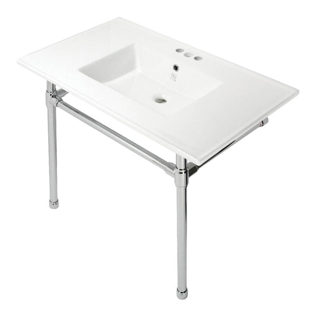 Kingston Brass Dreyfuss 37-Inch Console Sink with Stainless Steel Legs (4-Inch, 3 Hole), White/Polished Chrome