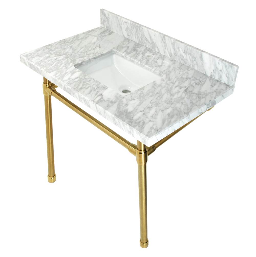 Kingston Brass Dreyfuss 36'' Carrara Marble Vanity Top with Stainless Steel Legs, Marble White/Brushed Brass