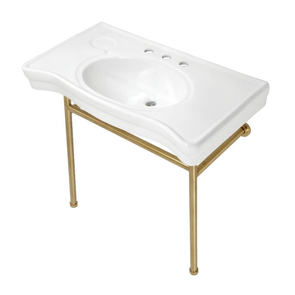 Kingston Brass Fauceture VPB28140W87 Bristol 36'' Ceramic Console Sink with Stainless Steel Legs, White/Brushed Brass