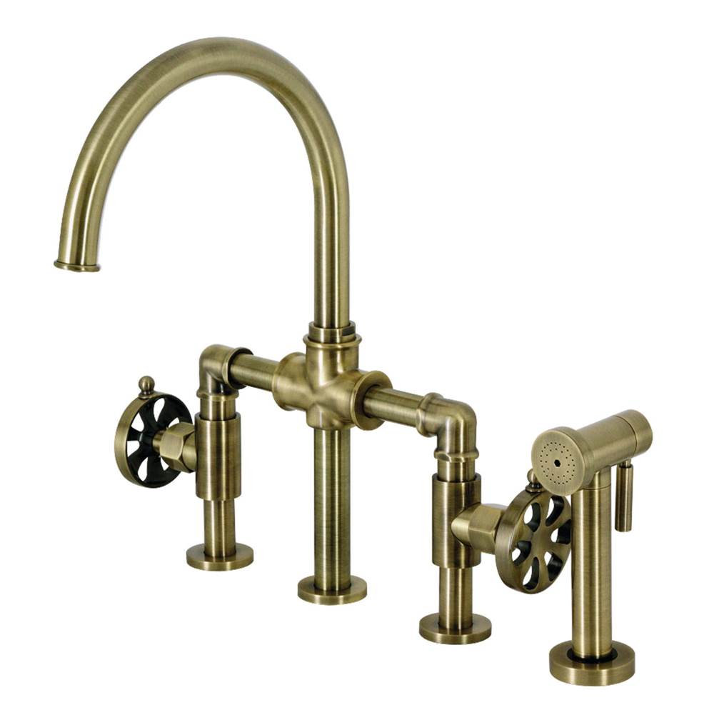 Kingston Brass Belknap Industrial Style Bridge Kitchen Faucet with Brass Sprayer, Antique Brass