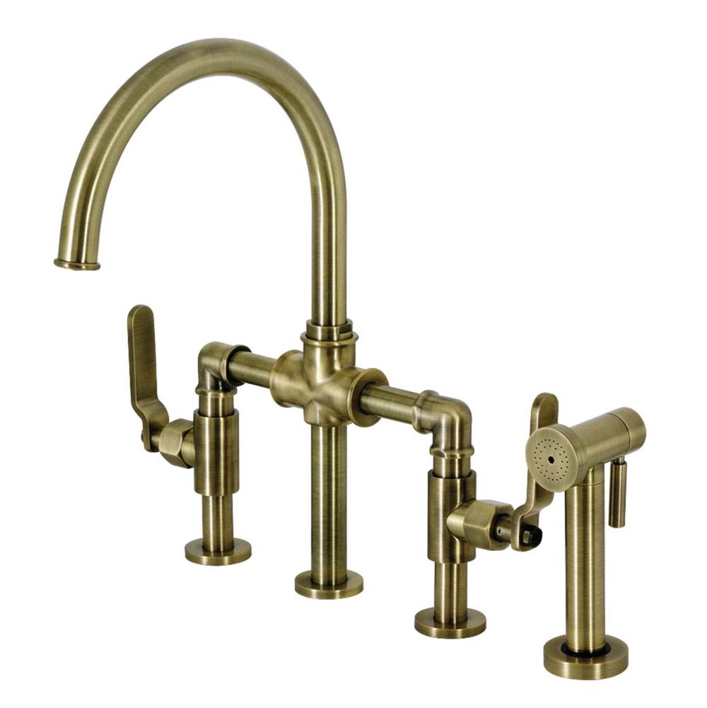 Kingston Brass Whitaker Industrial Style Bridge Kitchen Faucet with Brass Sprayer, Antique Brass