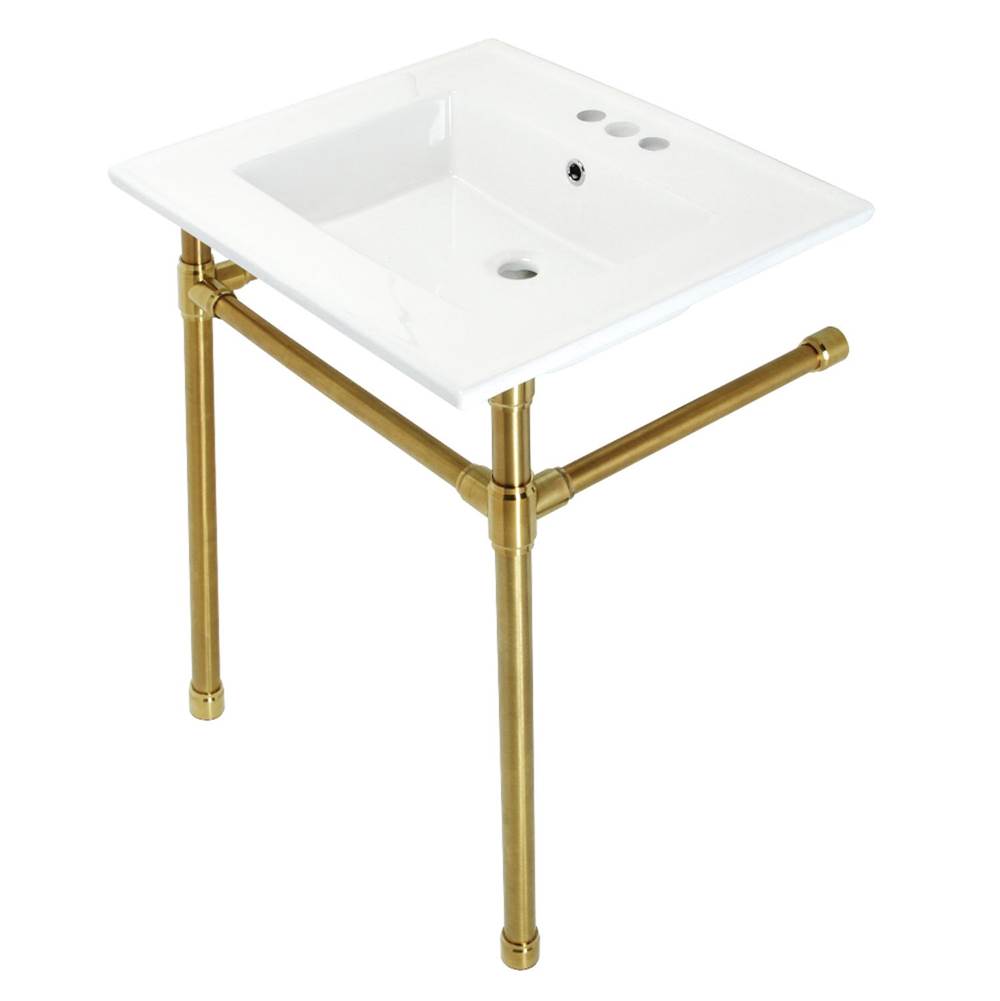 Kingston Brass Dreyfuss 25'' Console Sink with Stainless Steel Legs (4-Inch, 3 Hole), White/Brushed Brass