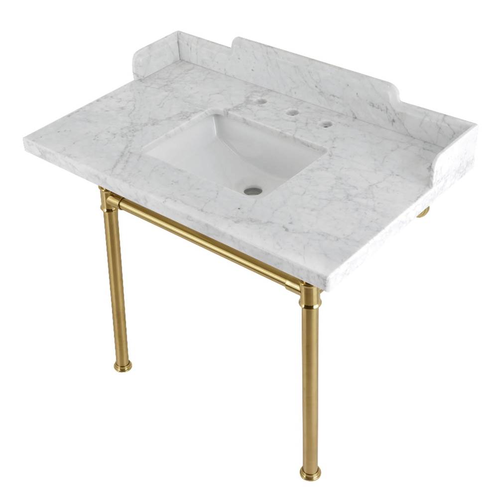 Kingston Brass Kingston Brass LMS3622M8SQ7ST Wesselman 36'' Carrara Marble Console Sink with Stainless Steel Legs, Marble White/Brushed Brass