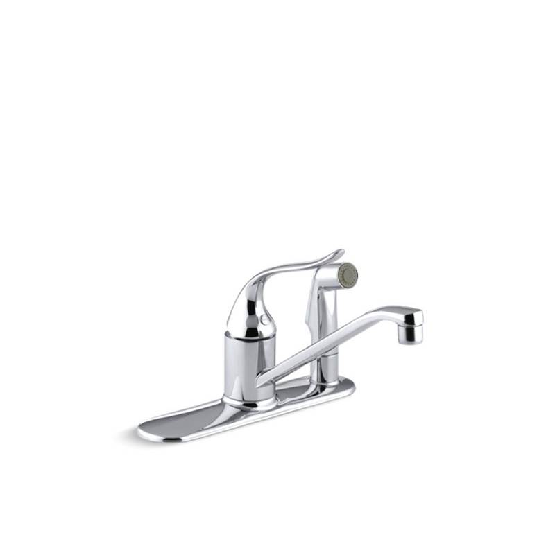 Kohler Coralais® Three-hole kitchen sink faucet with 8-1/2'' spout, matching finish sidespray through escutcheon and lever handle