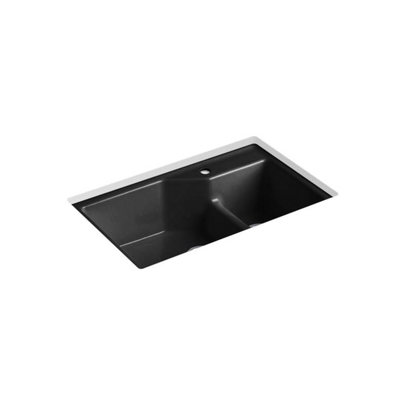 Kohler Indio® 33'' x 21-1/8'' x 9-3/4'' Smart Divide® undermount large/small double-bowl workstation kitchen sink with single faucet hole