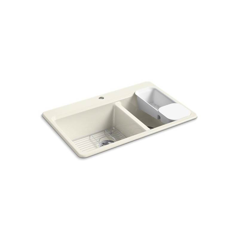 Kohler Riverby® 33'' x 22'' x 9-5/8'' top-mount large/medium double-bowl workstation kitchen sink with accessories and single faucet hole