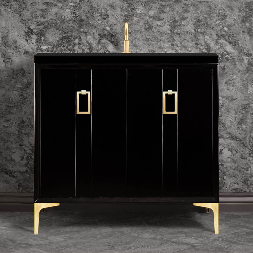 Linkasink Tuxedo 36'' Wide Black Vanity with Satin Brass Coach Pull and Hardware, 36'' x 22'' x 33.5'' (without vanity top)