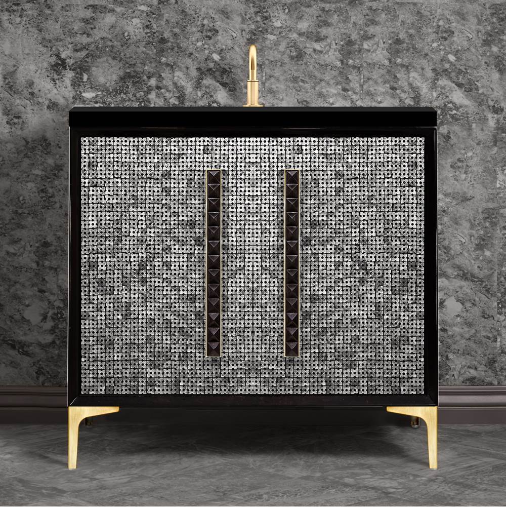 Linkasink MOTHER OF PEARL with 18'' Artisan Glass Pyramid Hardware 36'' Wide Vanity, Black, Satin Brass Hardware, 36'' x 22'' x 33.5'' (without vanity top)