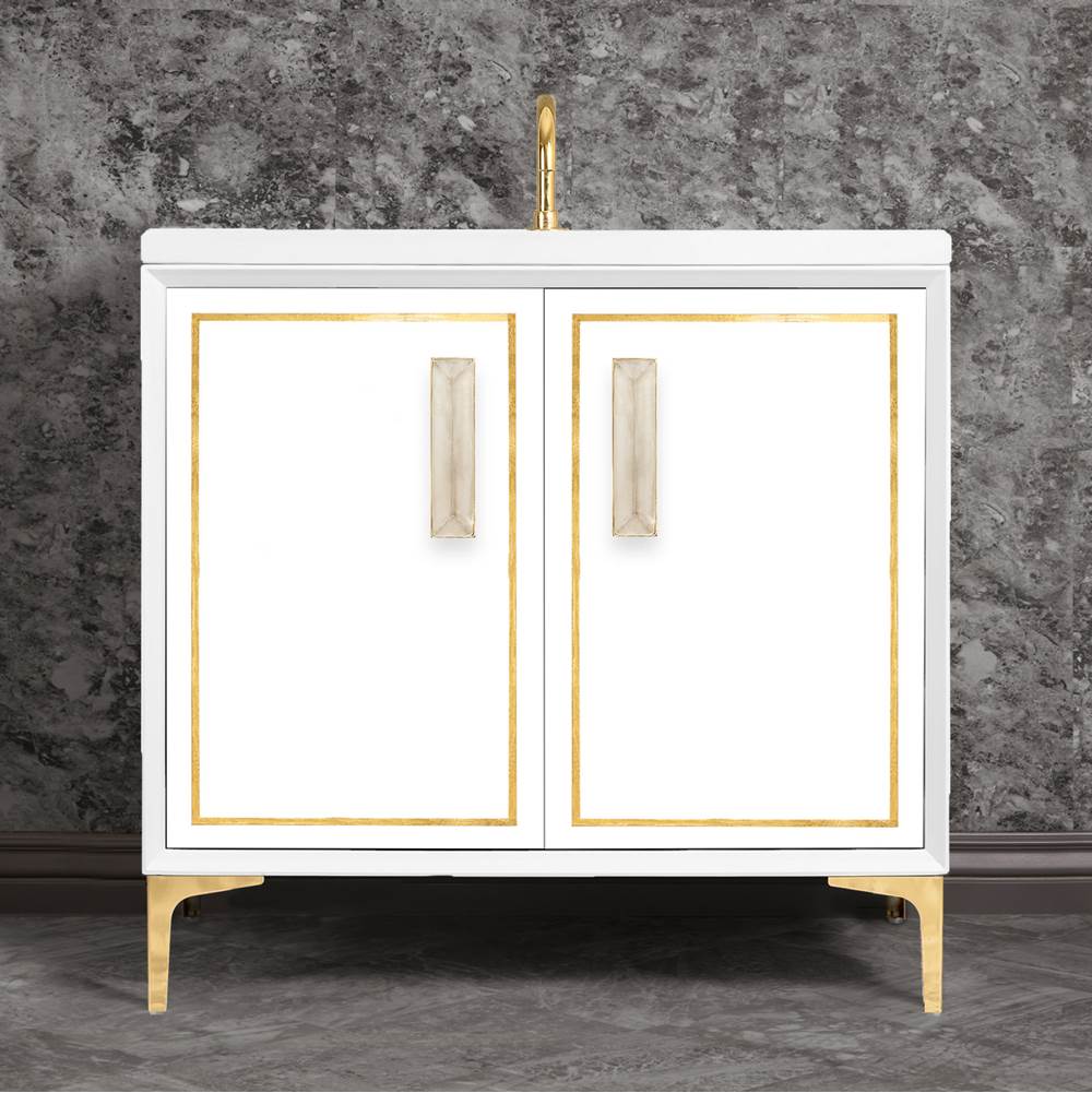 Linkasink LINEA with 8'' Artisan Glass Prism Hardware 36'' Wide Vanity, White, Polished Brass Hardware, 36'' x 22'' x 33.5'' (without vanity top)