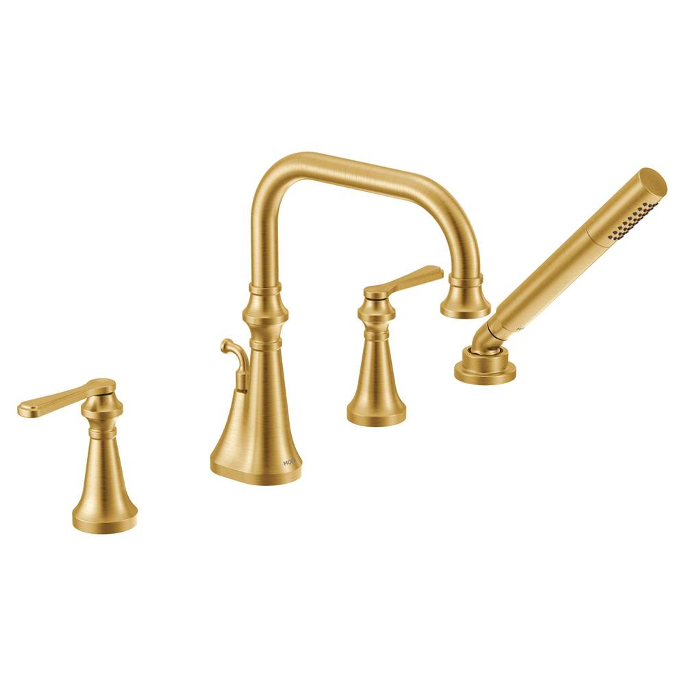 Moen Colinet Two Handle Deck-Mount Roman Tub Faucet Trim with Lever Handles and Handshower, Valve Required, in Brushed Gold